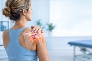 Medical illustration showing frozen shoulder and shoulder joint stiffness